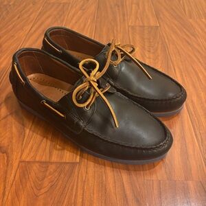 Allen Edmonds Force 10 Black Leather Boat Shoes Mens 12 Brown Laces Blue Soles